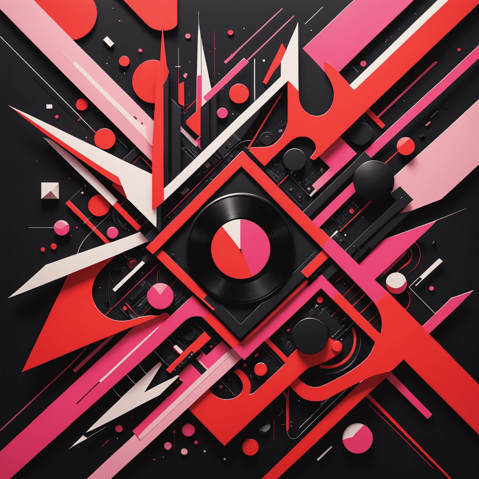 A vibrant album cover featuring abstract shapes in red, pink, and black, representing a fusion of electronic and rock music