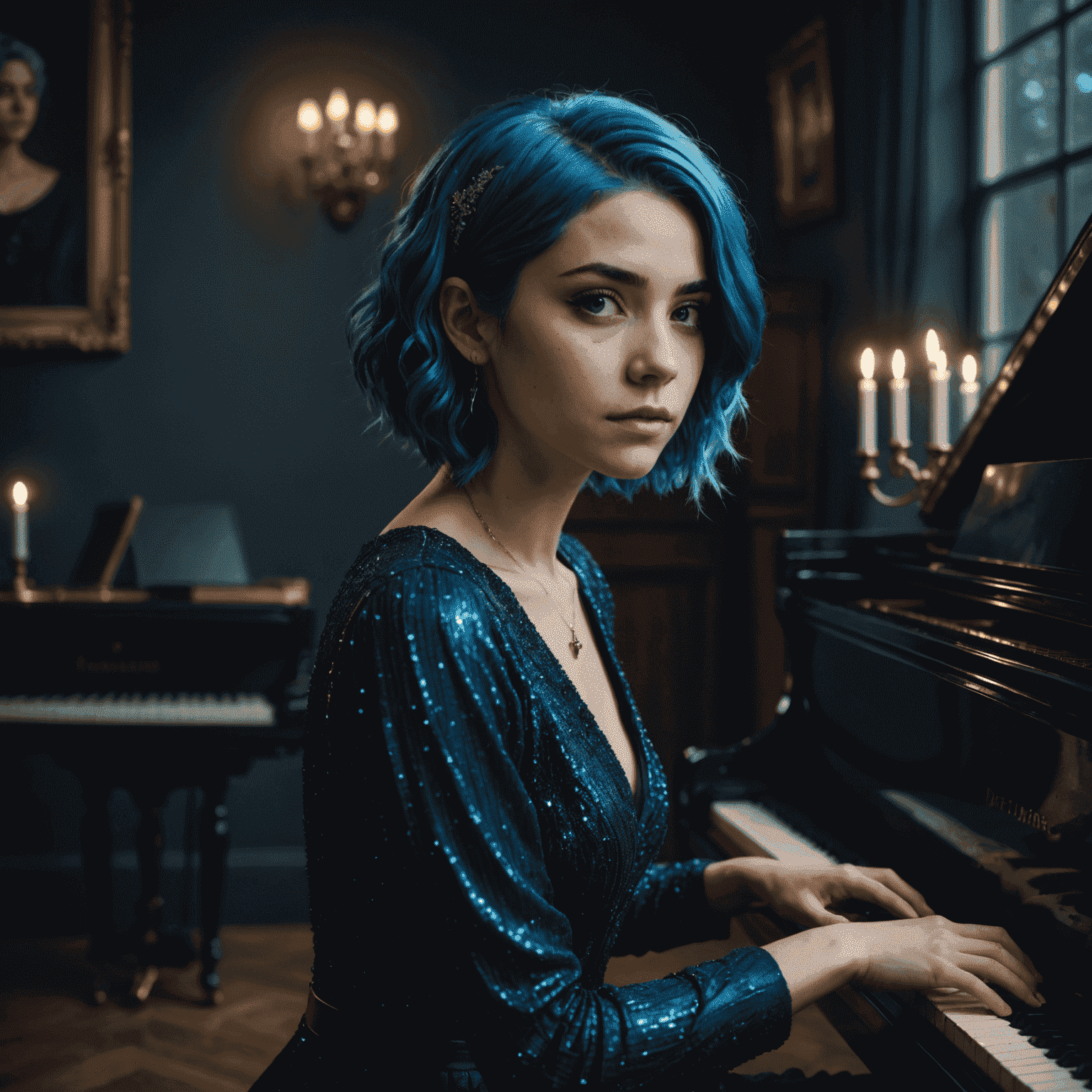 Luna Eclipse, a young woman with vibrant blue hair, sitting at a piano in a dimly lit studio. She's wearing a sparkly black dress and has a thoughtful expression.