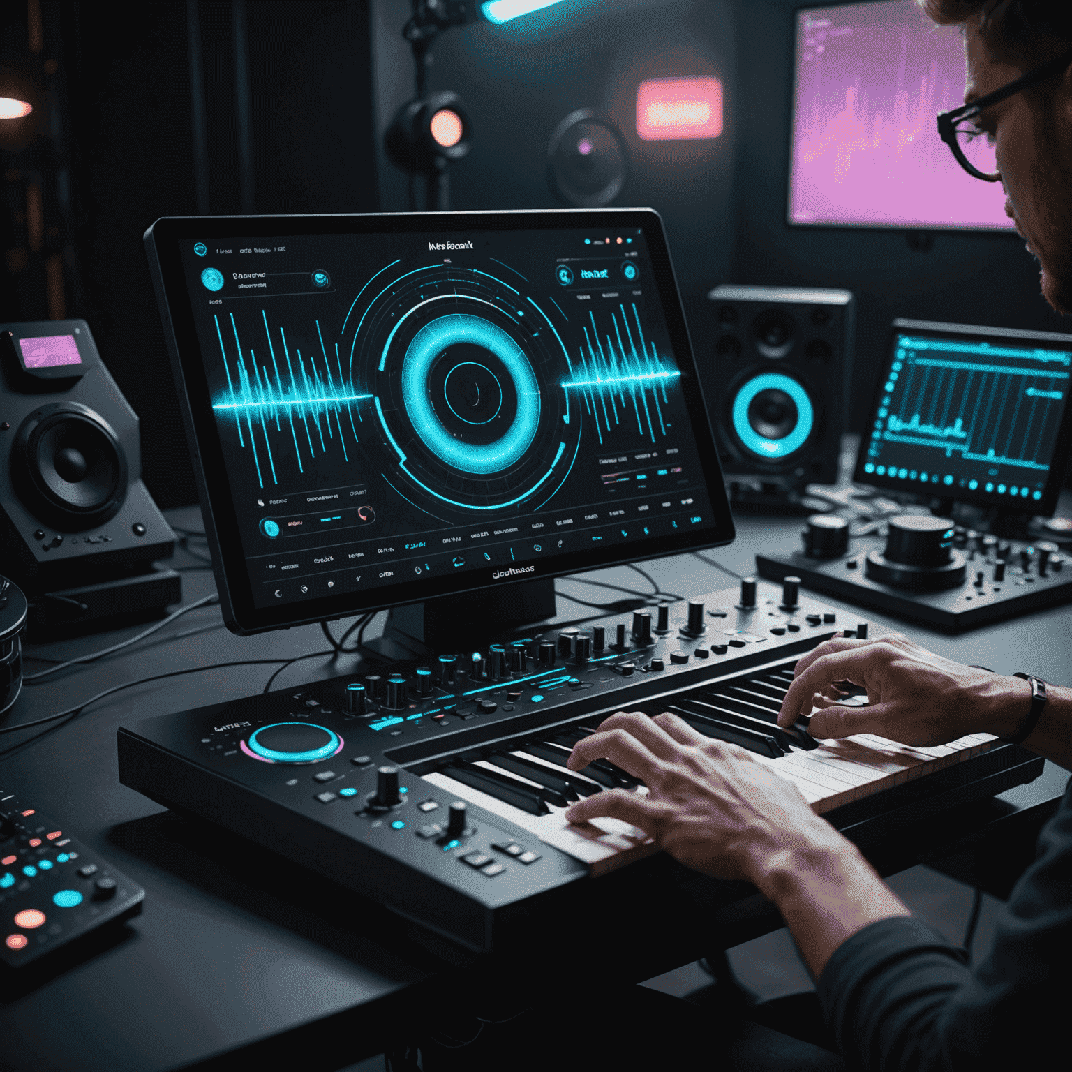 A futuristic music interface with holographic controls and AI assistant, showcasing advanced technology in music production