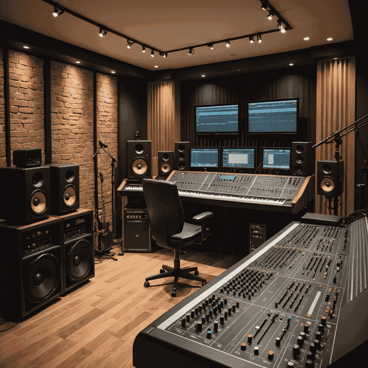 A recording studio with microphones, mixing console, and instruments, representing professional music production services