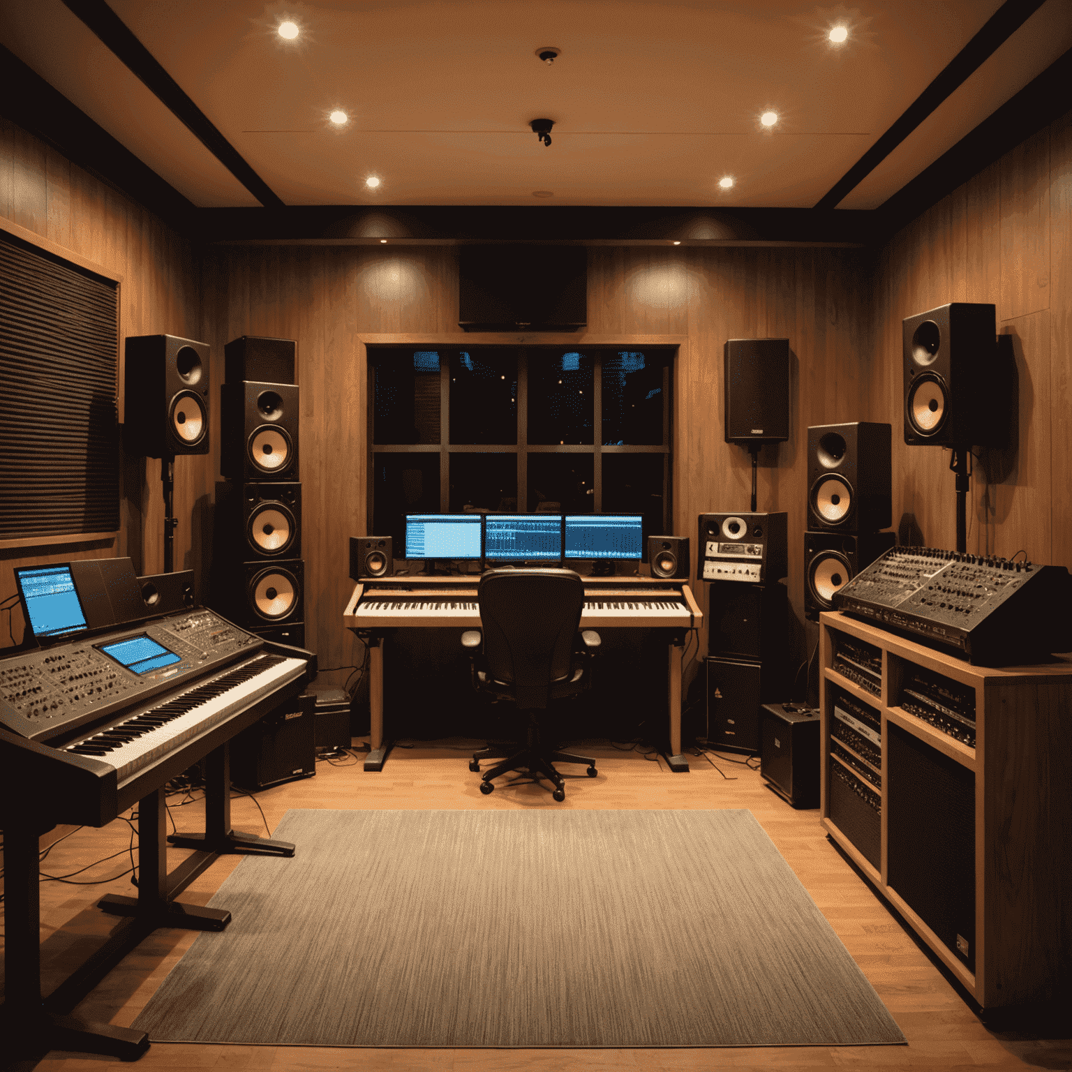 A professional music studio with high-end equipment, mixing console, and acoustic treatment. The room has a warm, inviting atmosphere with soft lighting.