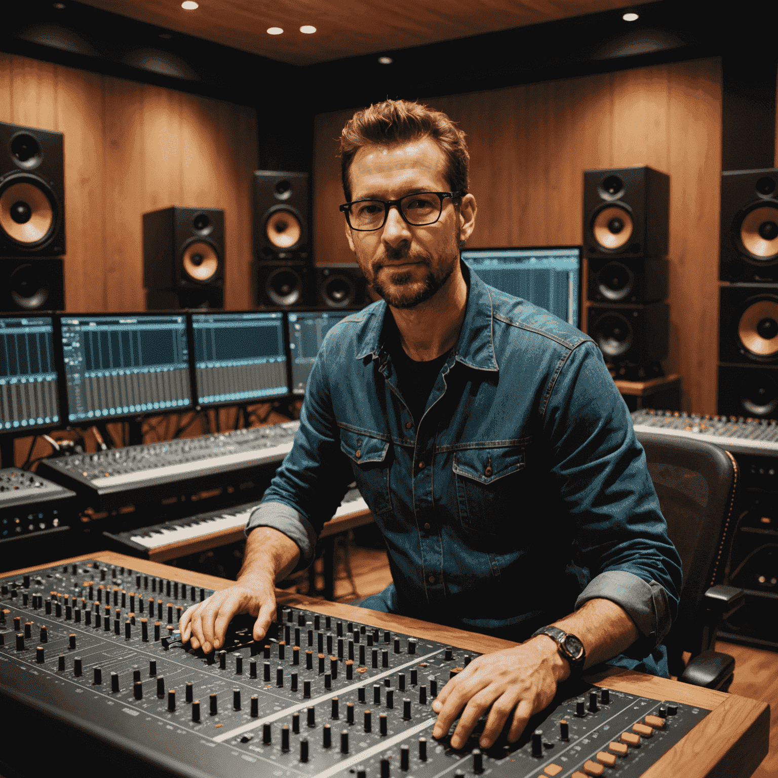 Professional audio engineer working on a mixing console in a state-of-the-art studio, surrounded by high-end equipment and acoustic treatments