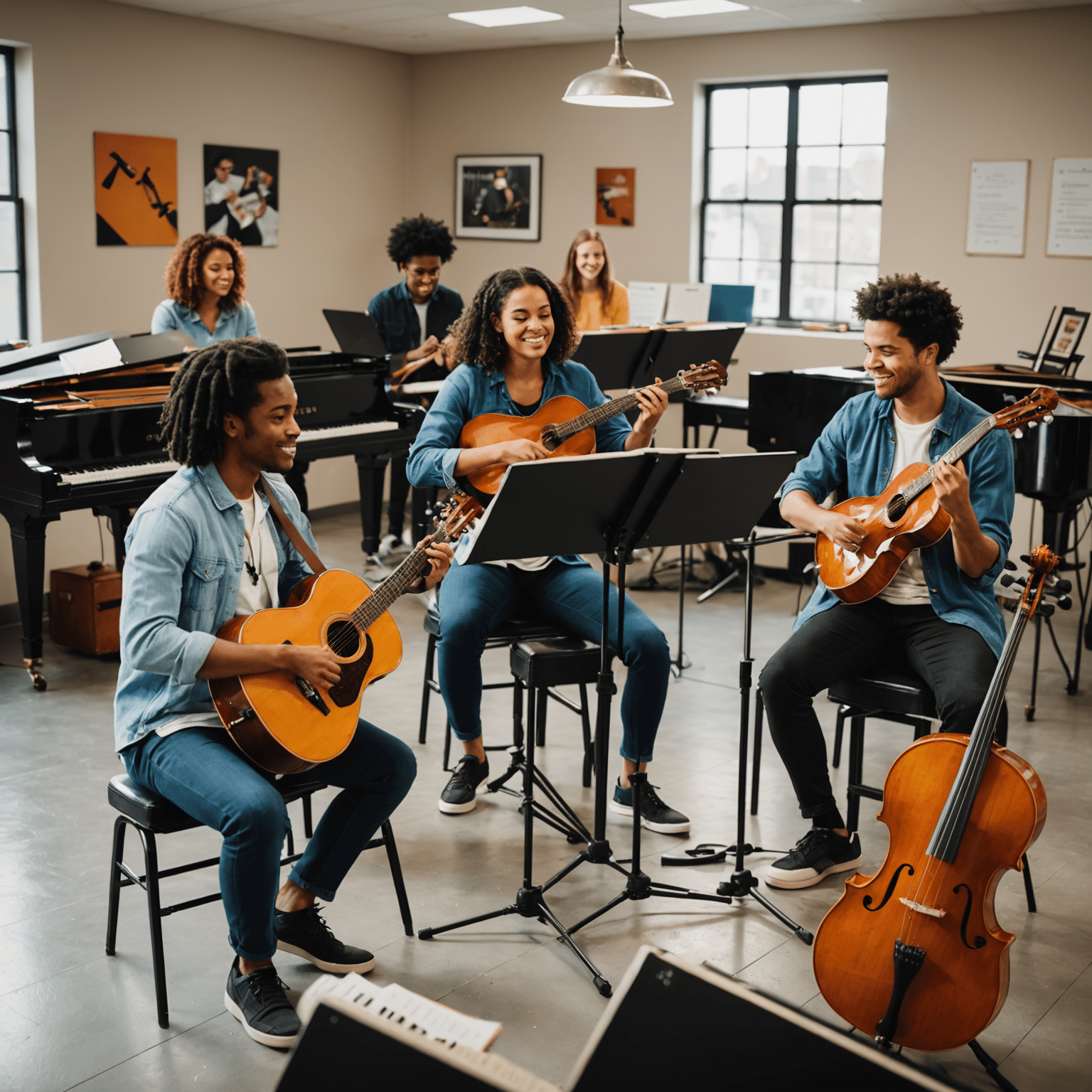 A group of diverse students learning various musical instruments in a vibrant, modern studio setting. The image showcases piano, guitar, violin, and drums, with enthusiastic instructors guiding the students.