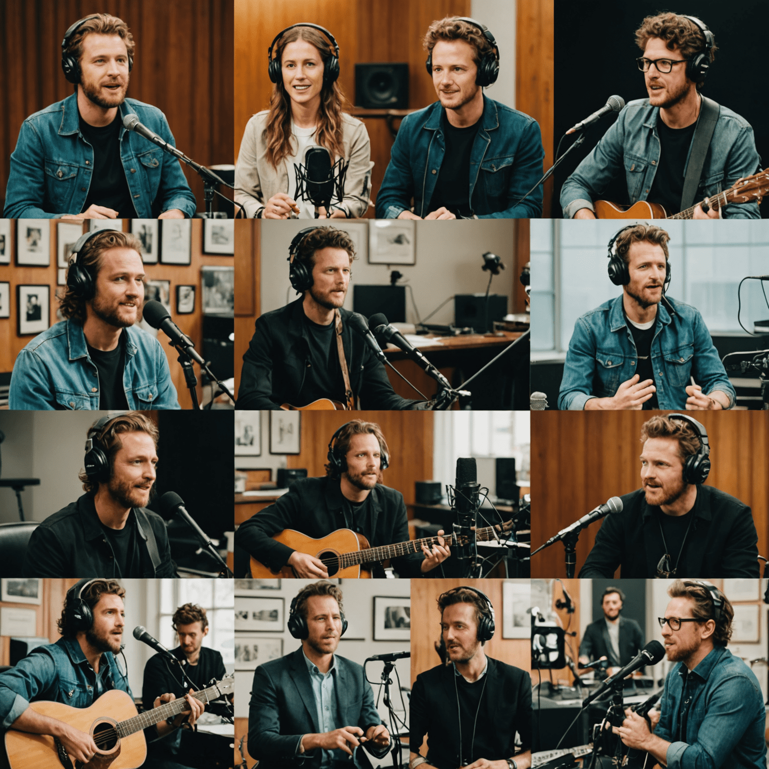 A collage of musicians being interviewed, with microphones and recording equipment visible