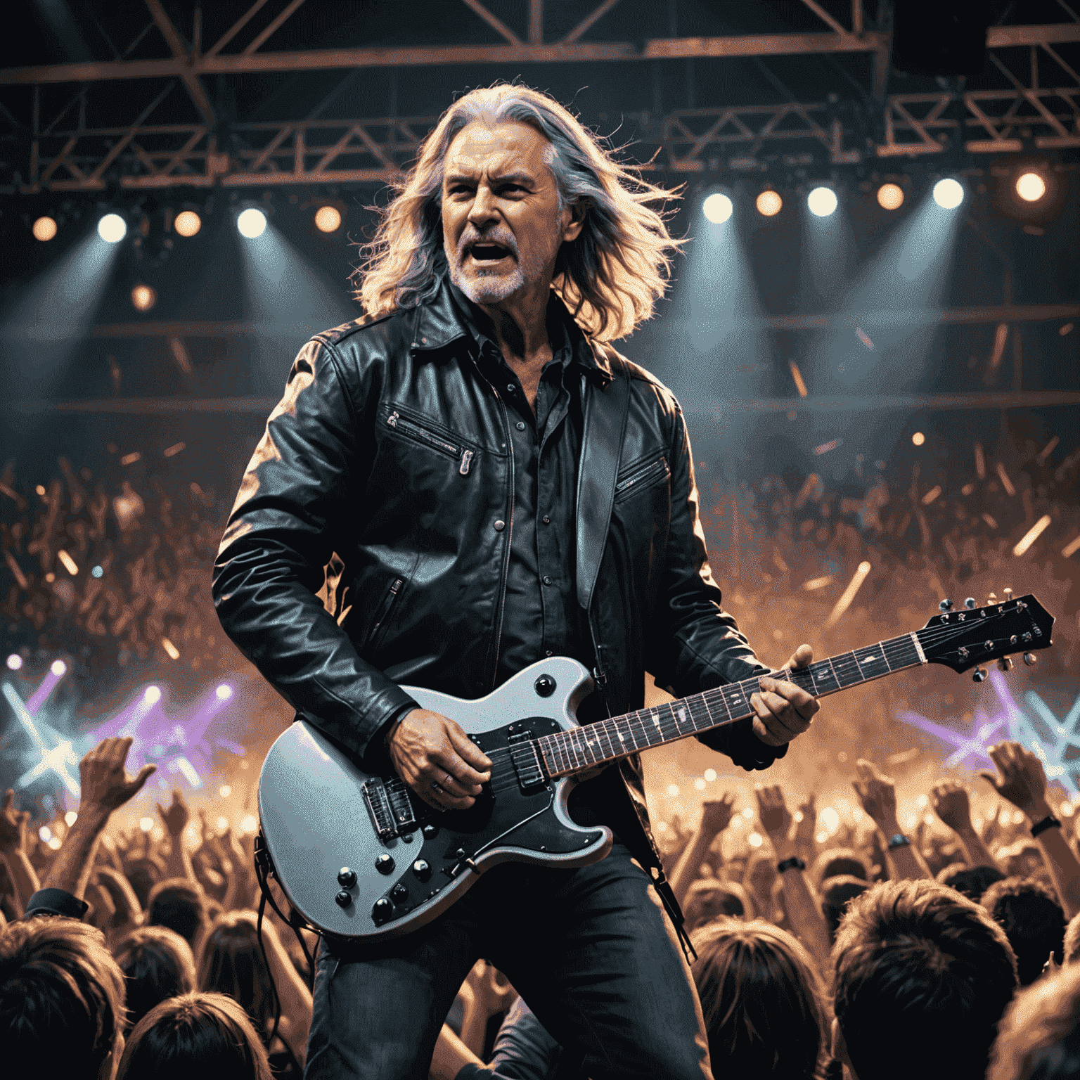 Thunder Strike, a middle-aged man with long gray hair and a leather jacket, standing on stage with an electric guitar. The background shows a cheering crowd and stage lights.