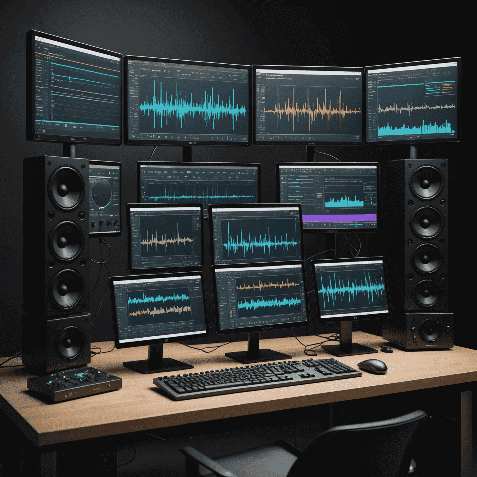 A sleek quantum computer connected to various music production equipment, with complex waveforms displayed on multiple screens