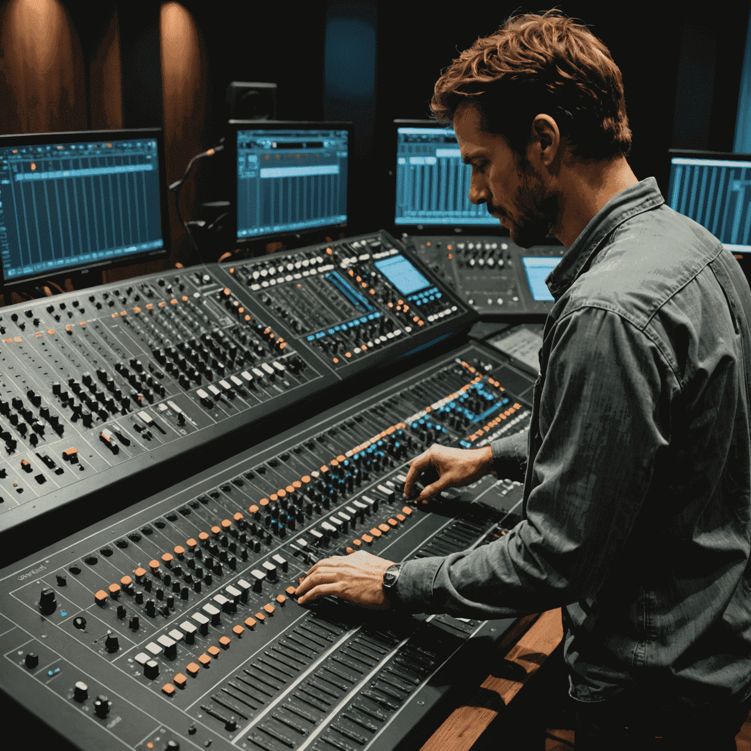 A professional audio engineer working on a large mixing console, adjusting levels and effects