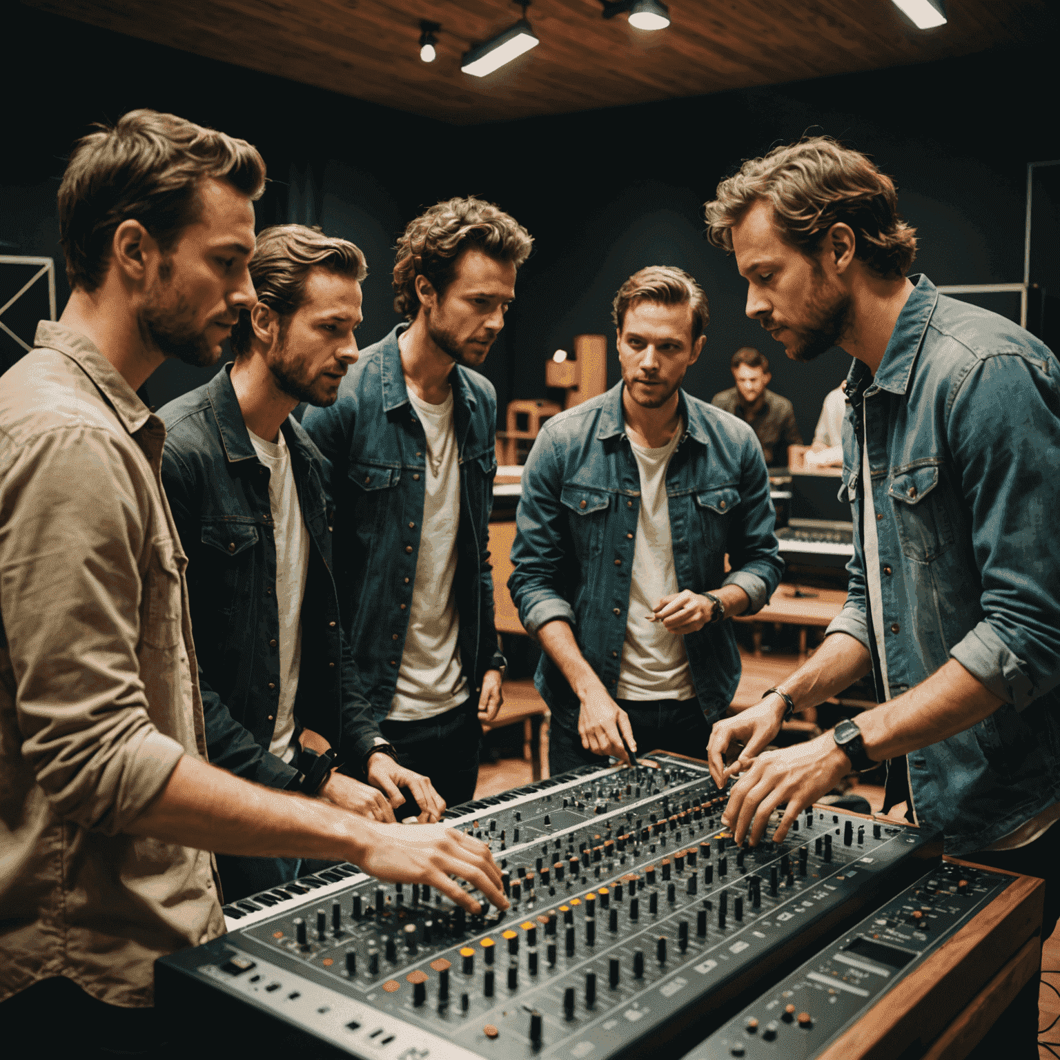 A group of musicians and producers working together in a studio, discussing ideas over a mixing console. The atmosphere is creative and energetic.