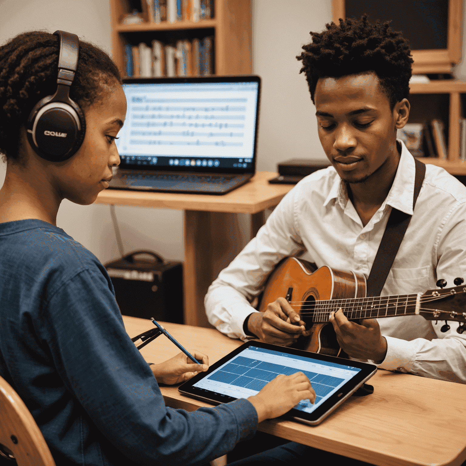 A split-screen image showing a traditional music lesson on one side and a student using digital music software on a tablet on the other. The image emphasizes the blend of classic and modern approaches to music education.