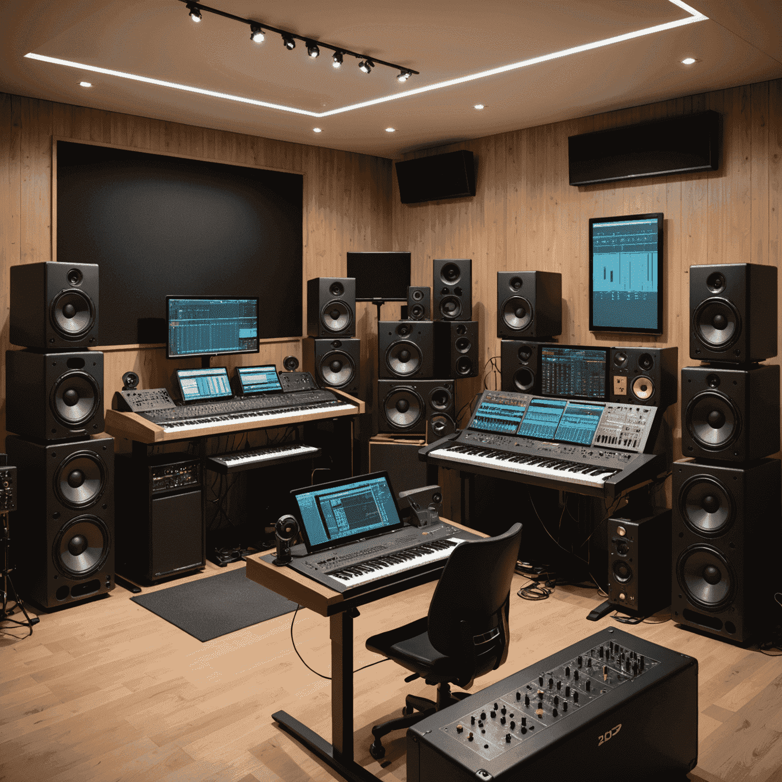 A modern music studio setup with various digital interfaces, software screens, and hardware equipment