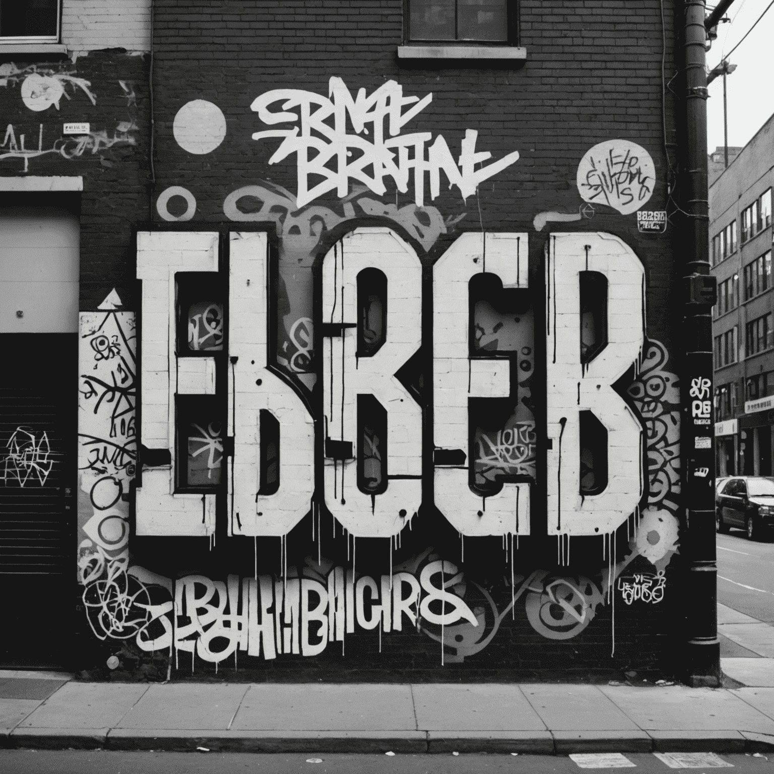 A gritty black and white album cover featuring urban street art and bold typography