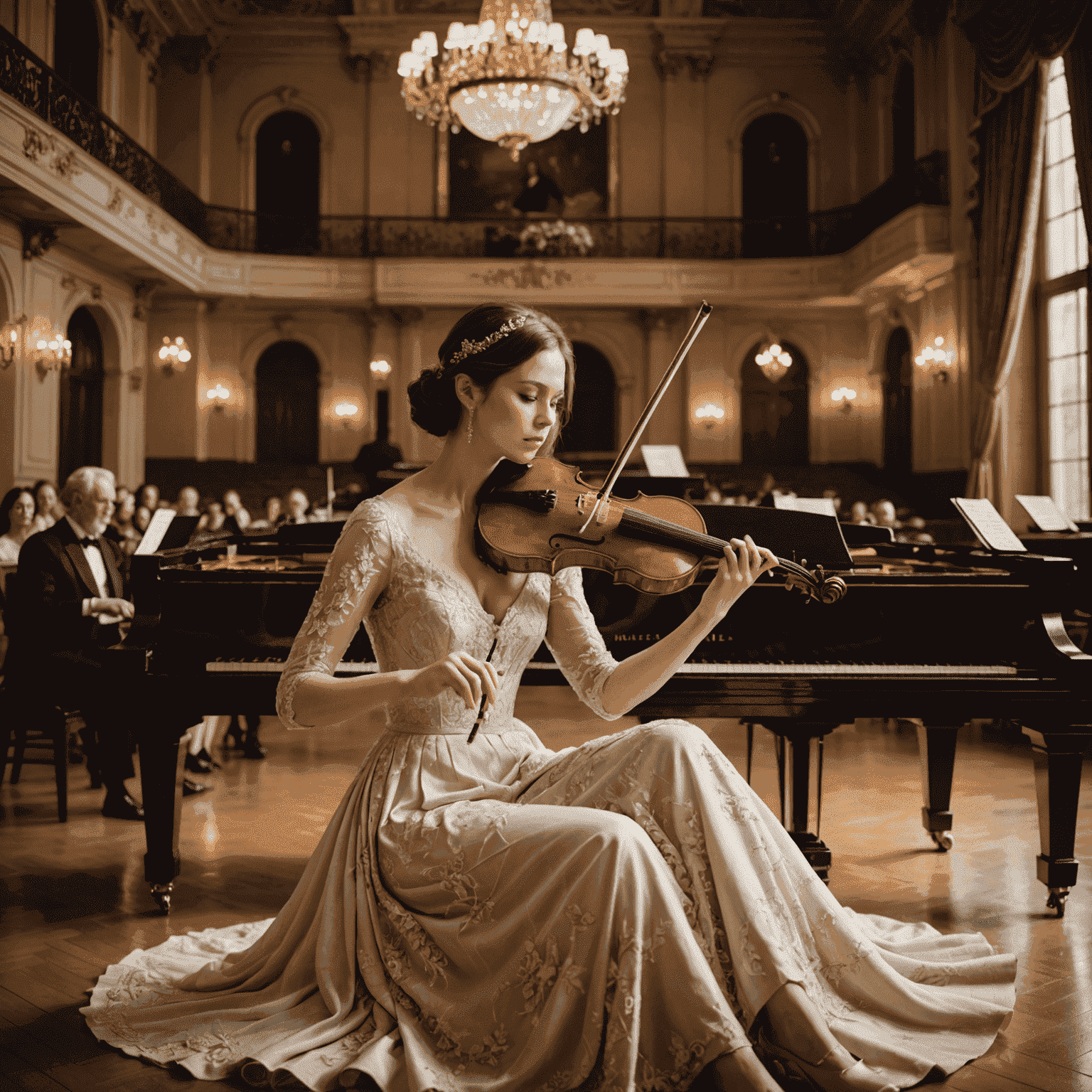 Aria Strings, an elegant woman in her 30s, sitting in a grand concert hall. She's holding a violin and is surrounded by sheet music and a laptop showing a digital music interface.