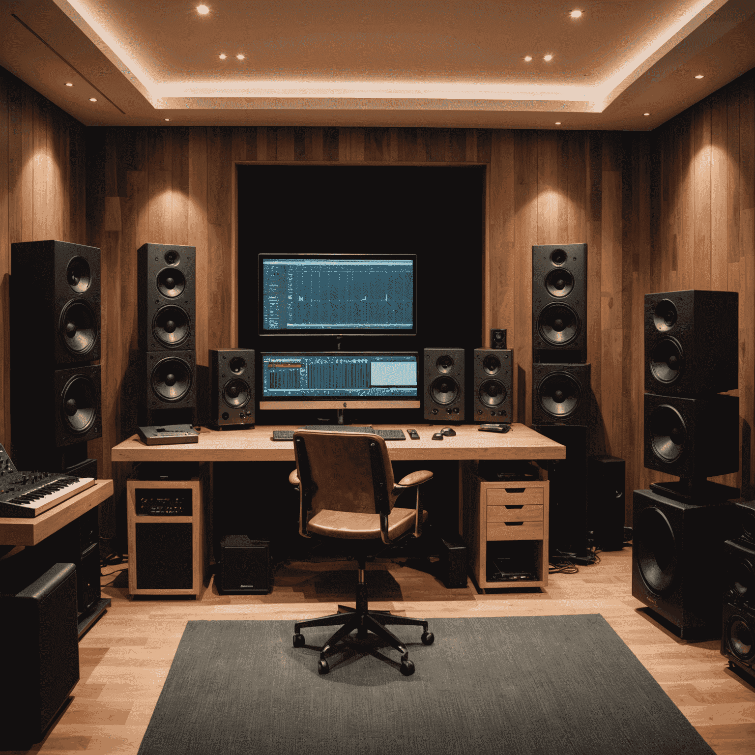 A mastering studio setup with high-end monitors, acoustic treatment, and specialized equipment