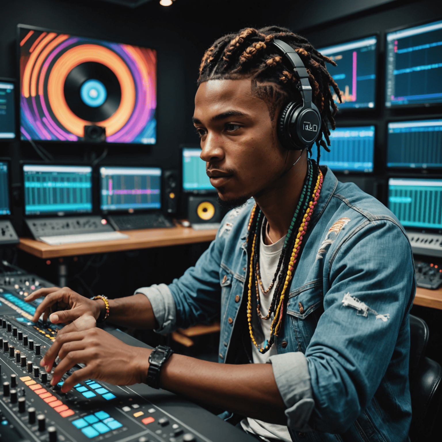 Rhythm Rebel, a young man with colorful braids and street-style clothing, in a recording studio. He's gesturing towards a large screen displaying a complex digital audio workstation interface.