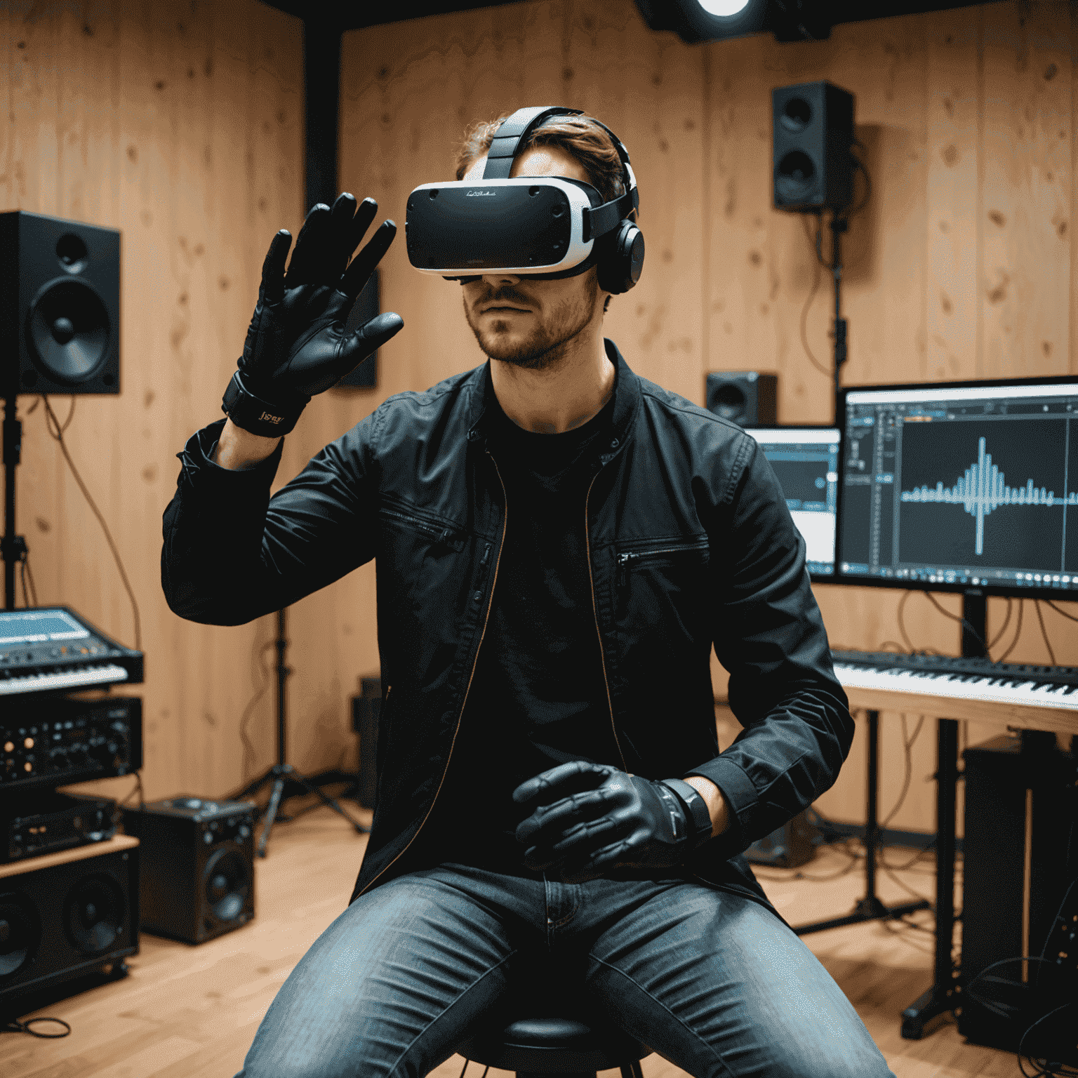 A musician wearing VR goggles and haptic gloves, interacting with virtual instruments in a digitally rendered studio space