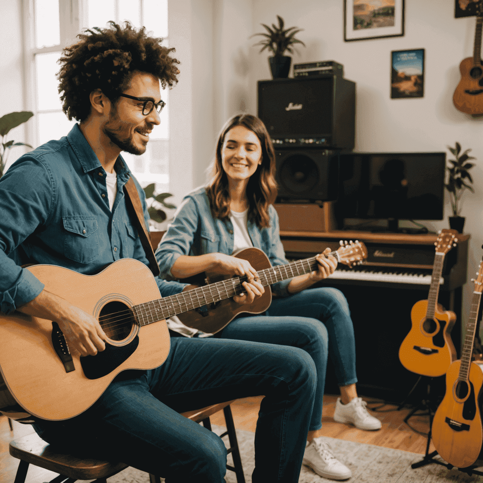 A music teacher giving an online guitar lesson to a student, with various instruments visible in the background